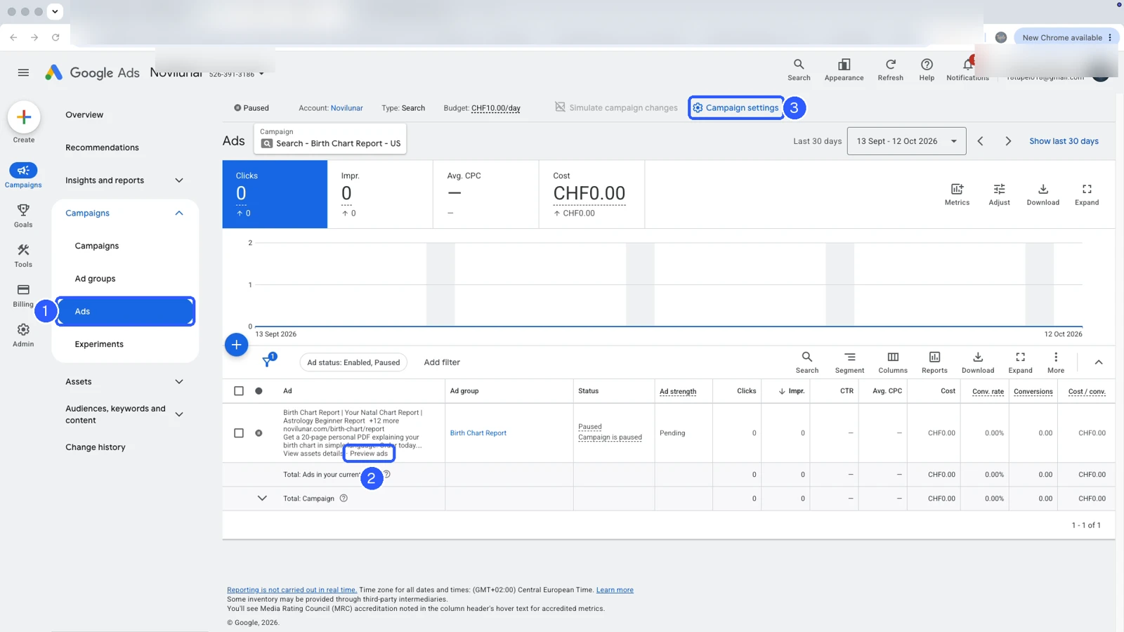1: Ads. 2: Preview ads. 3: Campaign settings, used in the next step.