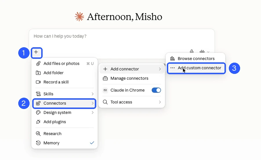 For hosted Adchestra, add a custom connector from the connectors menu. For Adchestra Local, use Settings → Developer.