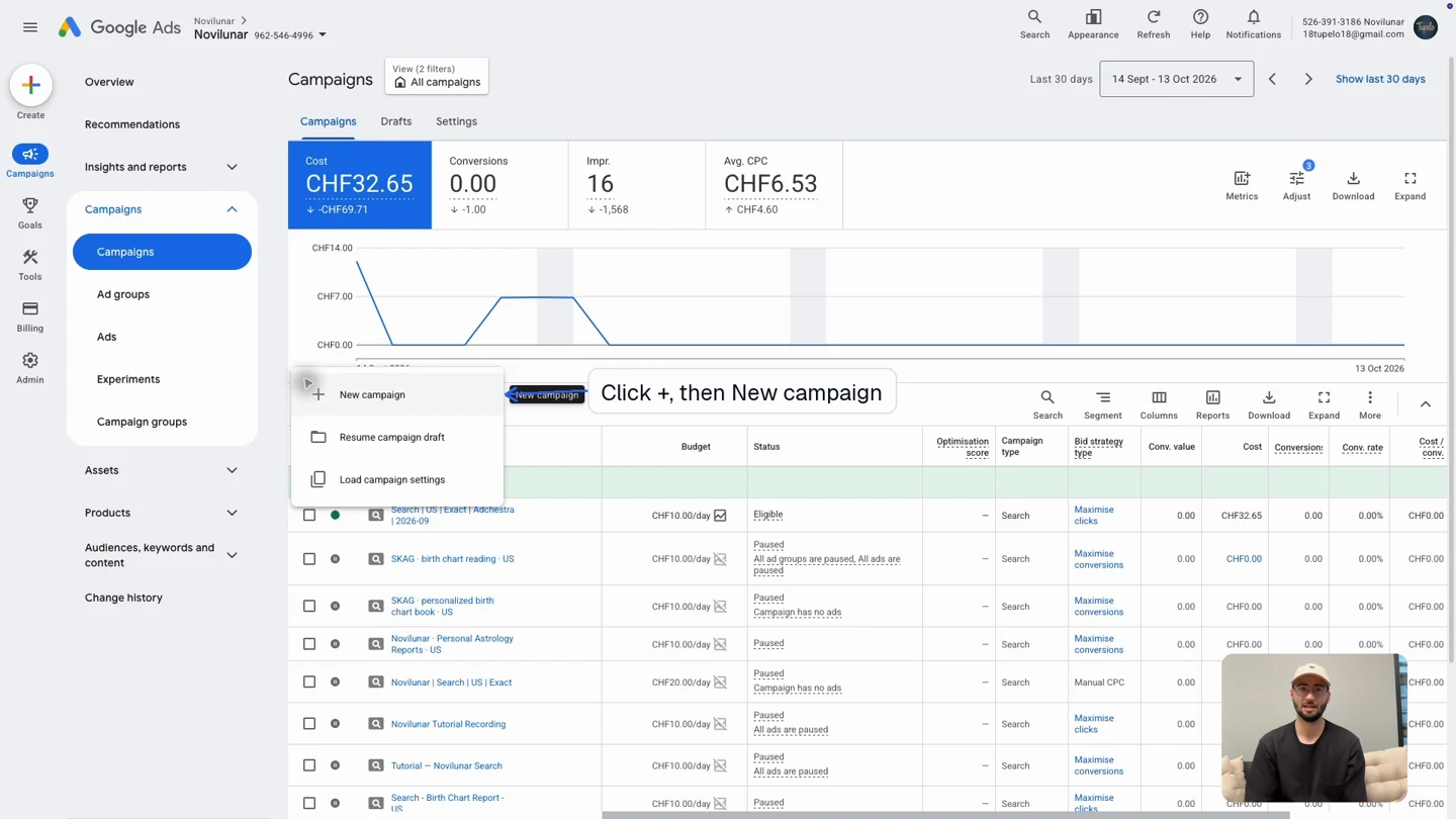 Campaigns → + → New campaign.