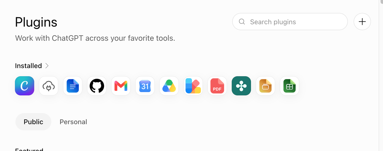 ChatGPT Plugins page with the plus button beside search
