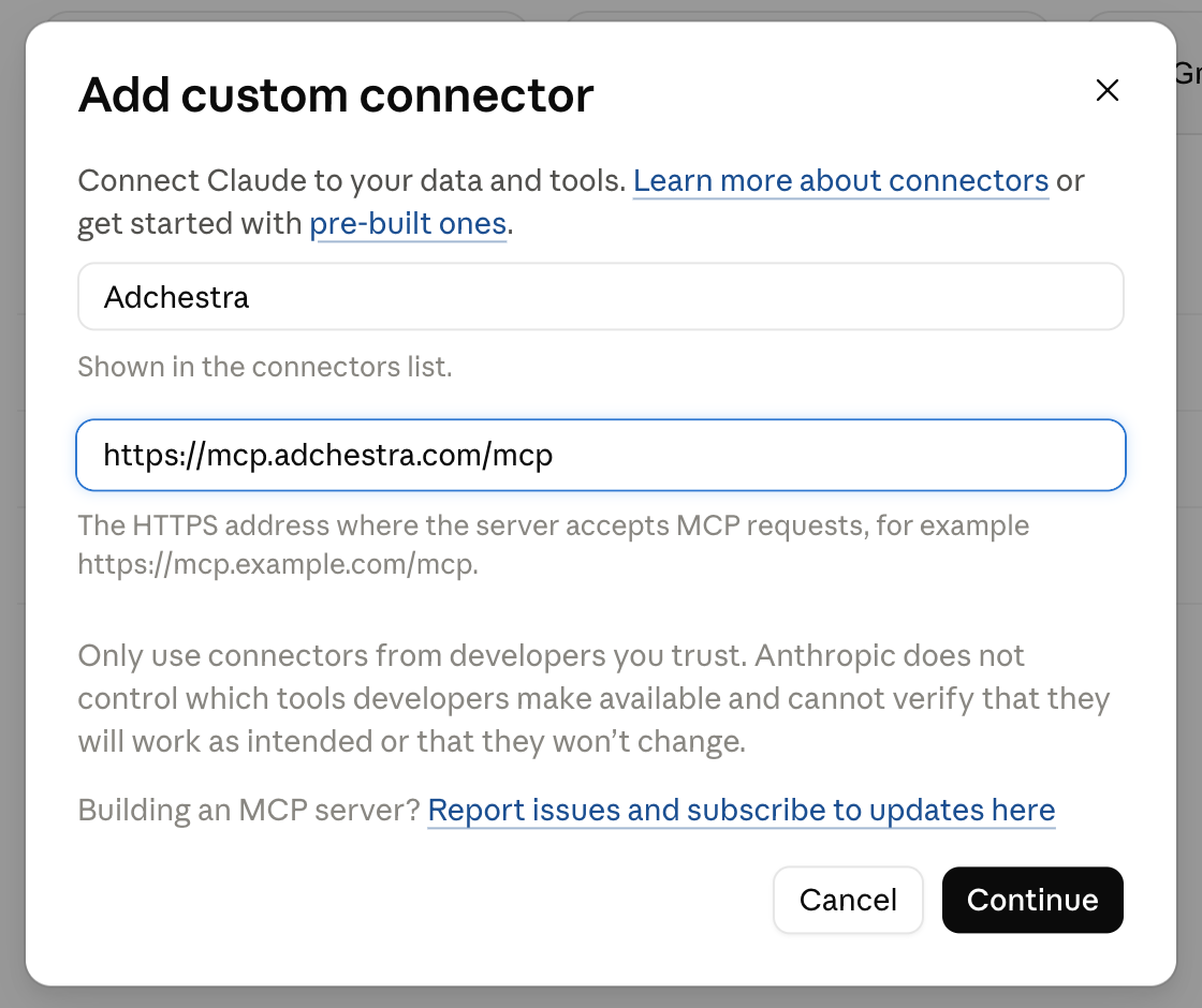 Claude Add custom connector form completed with Adchestra and the production MCP URL