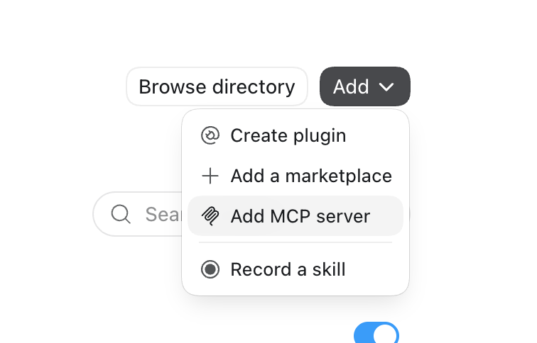 The Add menu in Plugins settings with Add MCP server selected